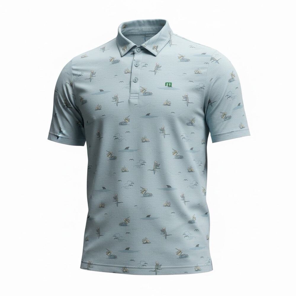 Travis Mathew Men's Golf Polo Shirt XL Blue Bird Prints Short Sleeve Stretch